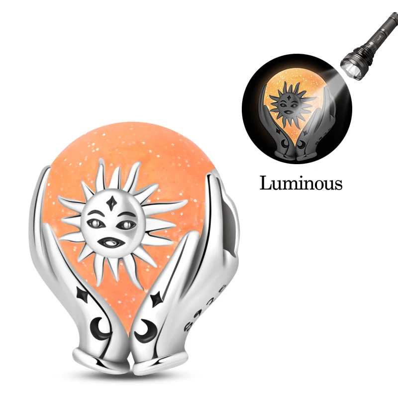 Original 925 Sterling Silver Luminous Sun Charms Beads Dangle For Women Fine DIY Birthday Party Jewelry Gifts