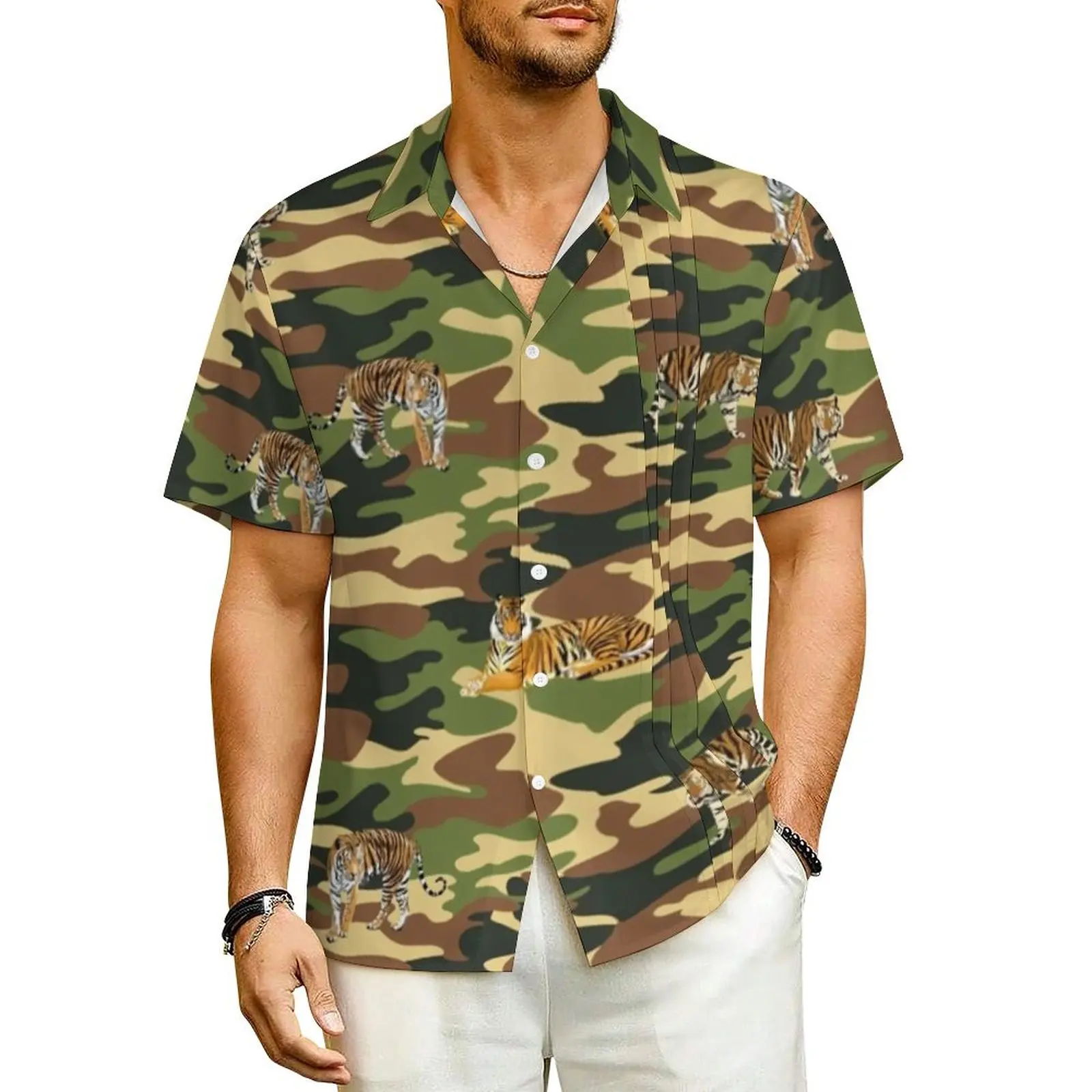 

Summer Shirt Vacation Tiger Camo Blouses Vintage Animal Elegant Casual Shirts Male Short Sleeve Street Style Oversized Clothes