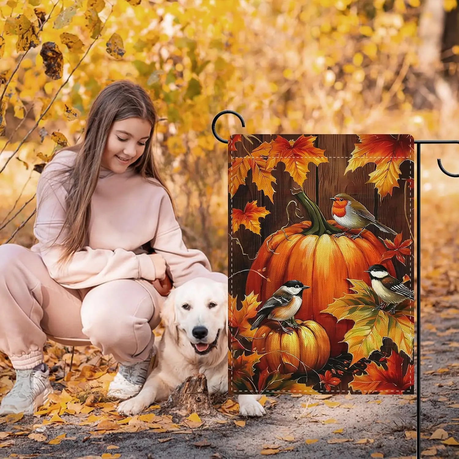 Dyrenson Fall Pumpkin Birds Decorative Garden Flag, Autumn Vintage Maple Leaves Robin Chickadee Yard Outside Home Decoration UUN