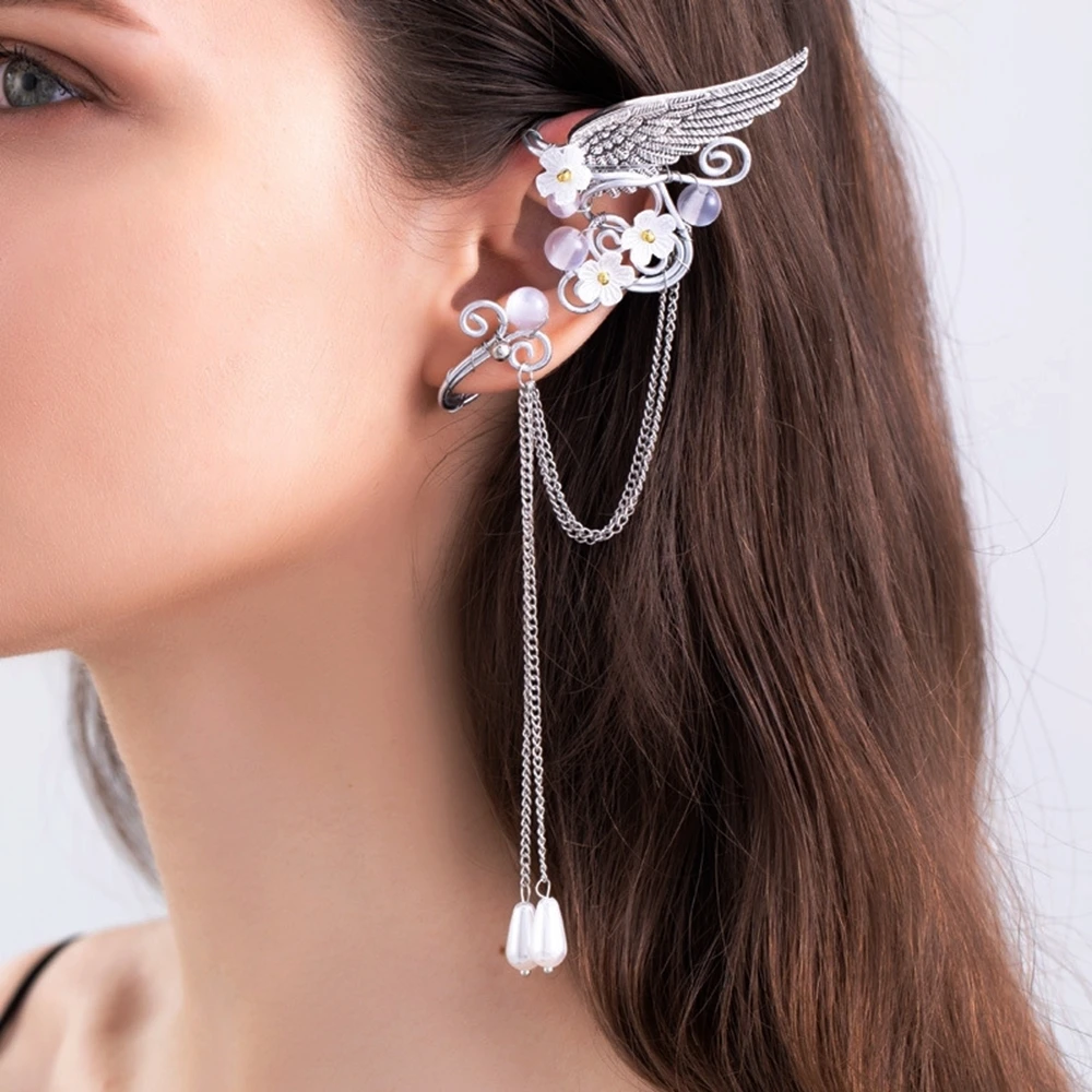 1 Paar Charm-Feen-Ohrenmanschetten mit langen Quasten, Elfenflügeln und Harzblumen, ohne Piercing, Elfen-Clip-Ohrringe für Damen, Cosplay, Cospla – Detail 2