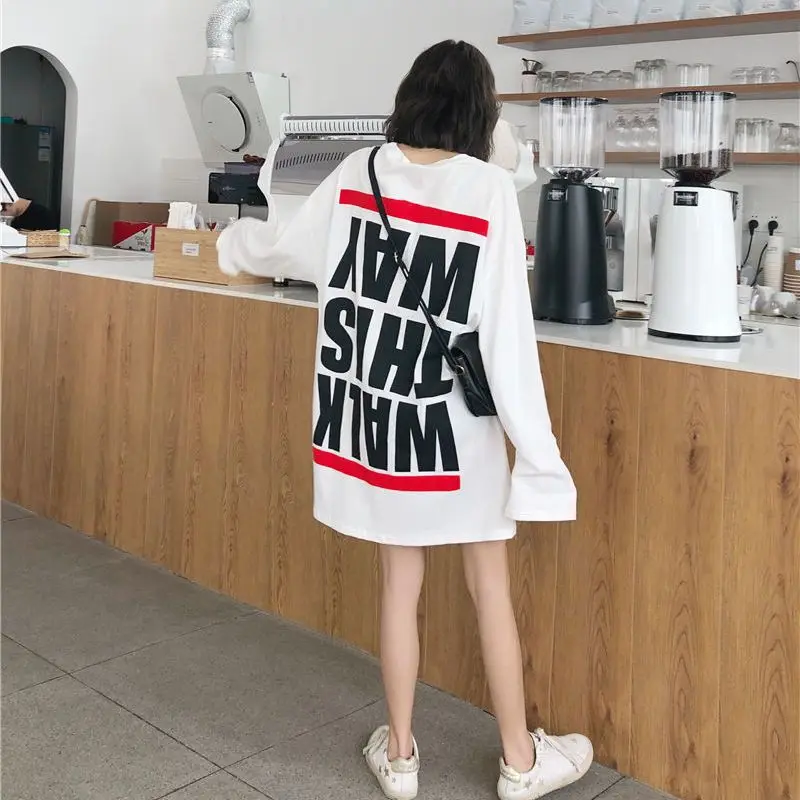 Casual Letter Printing Mid Length Version Women\'s Clothing Summer Loose Long Sleeve Tops Ladies Straight Young Style T-Shirts