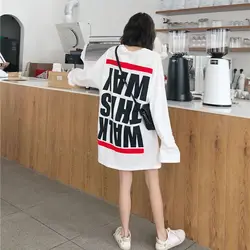 Casual Letter Printing Mid Length Version Women's Clothing Summer Loose Long Sleeve Tops Ladies Straight Young Style T-Shirts