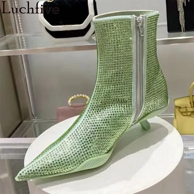 Luxury Slim Chelsea Ankle Boots Women Rhinestones Pointy toe kitten heel Boots Autumn Sexy Fashion Week Brand Crystal Boots 2023