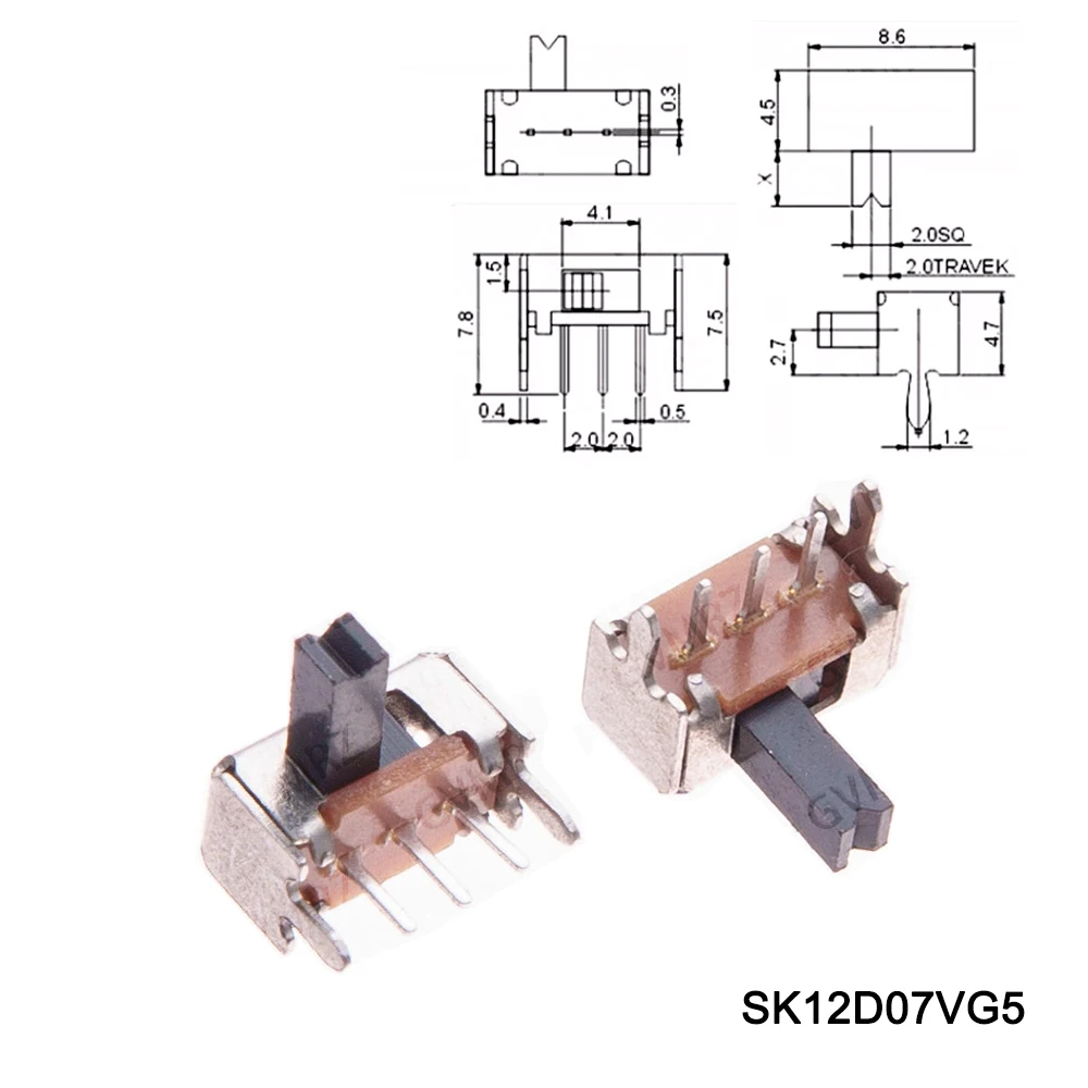 50pcs SK12D07VG2/3/4/5/6 SS12D SS12F Miniature Slide Switch SPDT 3 Pin PCB 2 Position 1P2T Side Knob Handle High 2/3/4/5/6mm