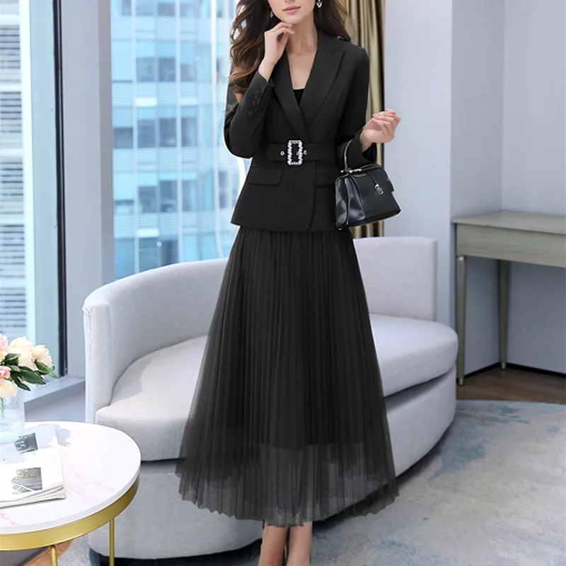 ZJYT Office Lady Blazer Suits Mesh Skirts Two Piece Dress Sets for Women Elegant Outfit Spring Fashion Conjuntos De Vestidos