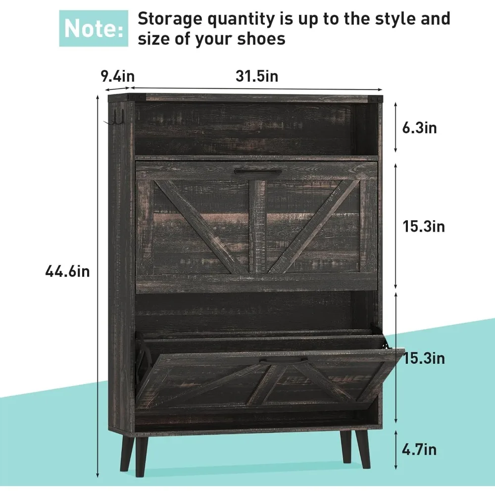 "خزانة تخزين الأحذية الضيقة القائمة بذاتها مع درجين ورفوف مفتوحة"