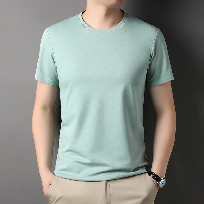 Top Grade 2.5% Mulberry Silk New Summer Brand Tops Crewneck Tshirt Men Plain T-Shirt Short Sleeve Casual Fashion Mens Clothing