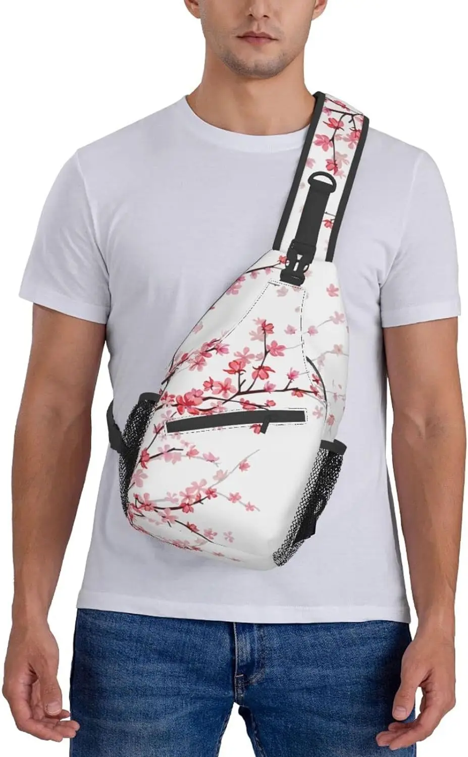 Rosa Sakura modelado Sling Bag, Mochila Crossbody, Bolsa Peito Ajustável, Ombro Casual, Viagem, Caminhada Daypack, Unisex