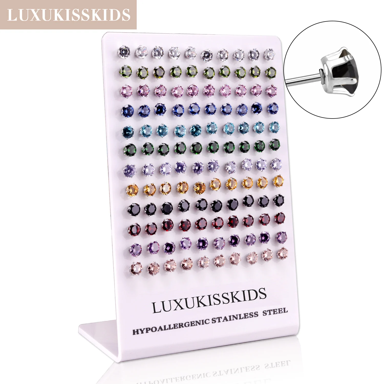 LUXUKISSKIDS 6 Claw Clearly Cubic Zirconia Earrings Sets Mix Color Studs Hyposensitivity Surgical Steel Wholesale Ears Jewelry