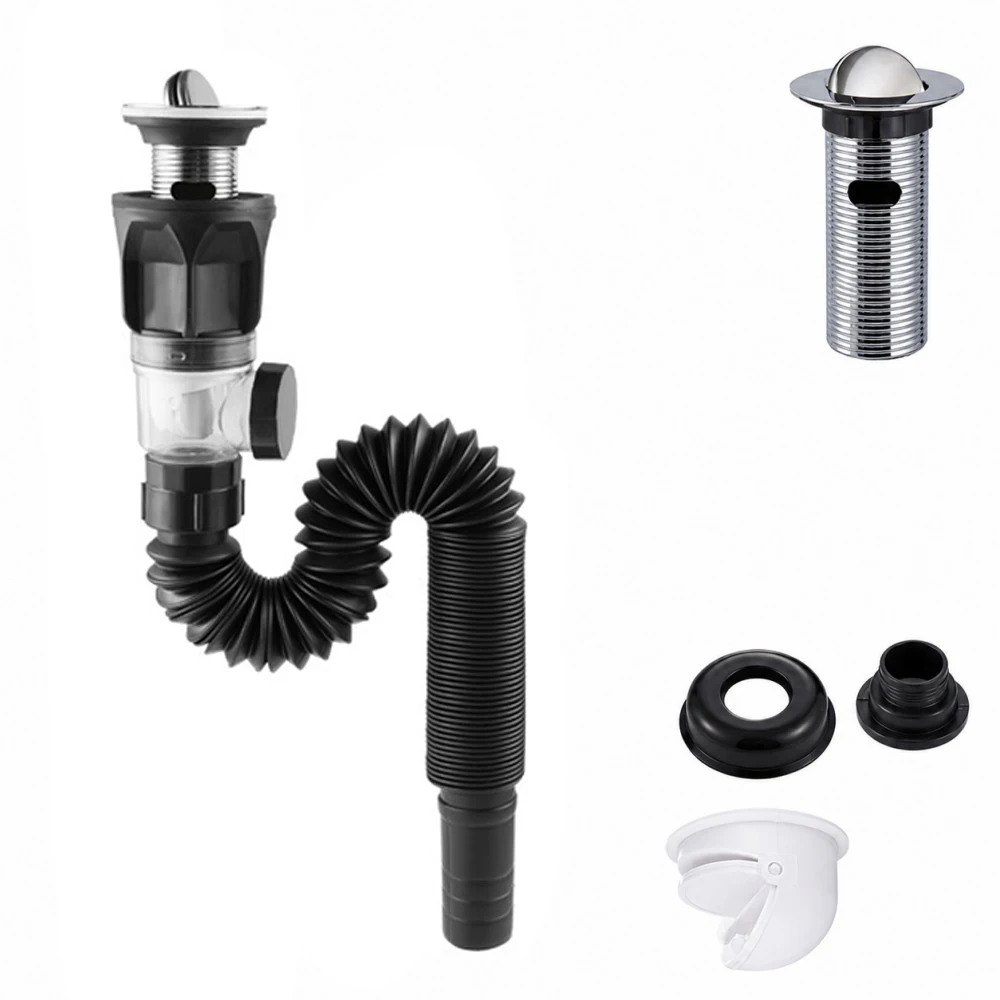 1-5Pcs Kitchen ABS Sink Drain Kit Drain Stopper Flexible Hose Body Stainless Steel Top Side Outlet Basin Drain Pipe Set