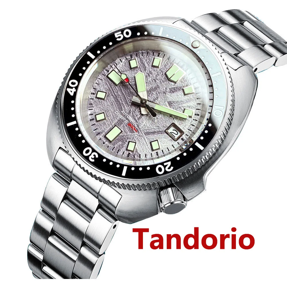 Tandorio 44mm Sapphire Glass 20ATM NH35A Diver Meteorite Pattern Automatic Men Watch Date Luminous Black Ceramic Bezel Date