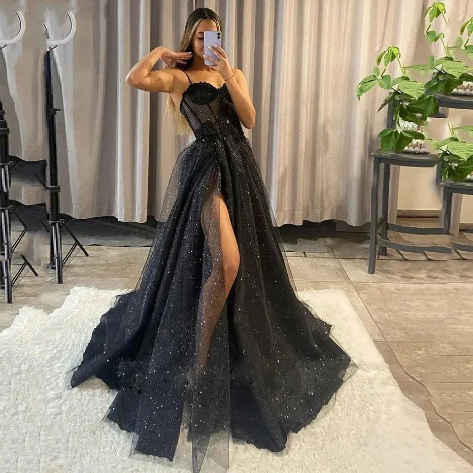 Robe de soirée en Tulle brillant, Sexy, col en v, bretelles, dentelle appliquée, ligne a, fente latérale haute, robes de bal formelles