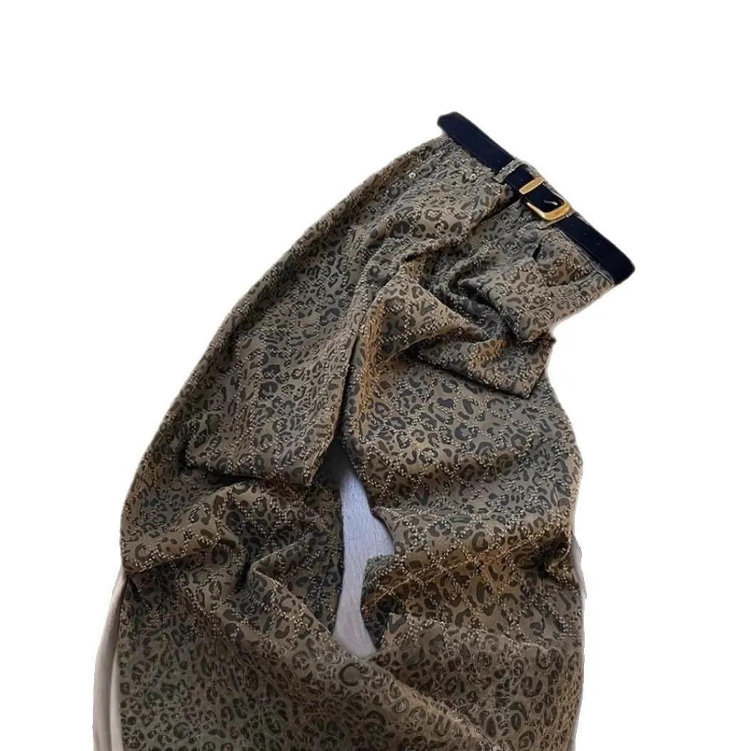 2025 الربيع والخريف جديد ليوبارد طباعة عالية الخصر رقيقة الجينز المرأة الشارع الأمريكية الرجعية بناطيل كاجوال #5