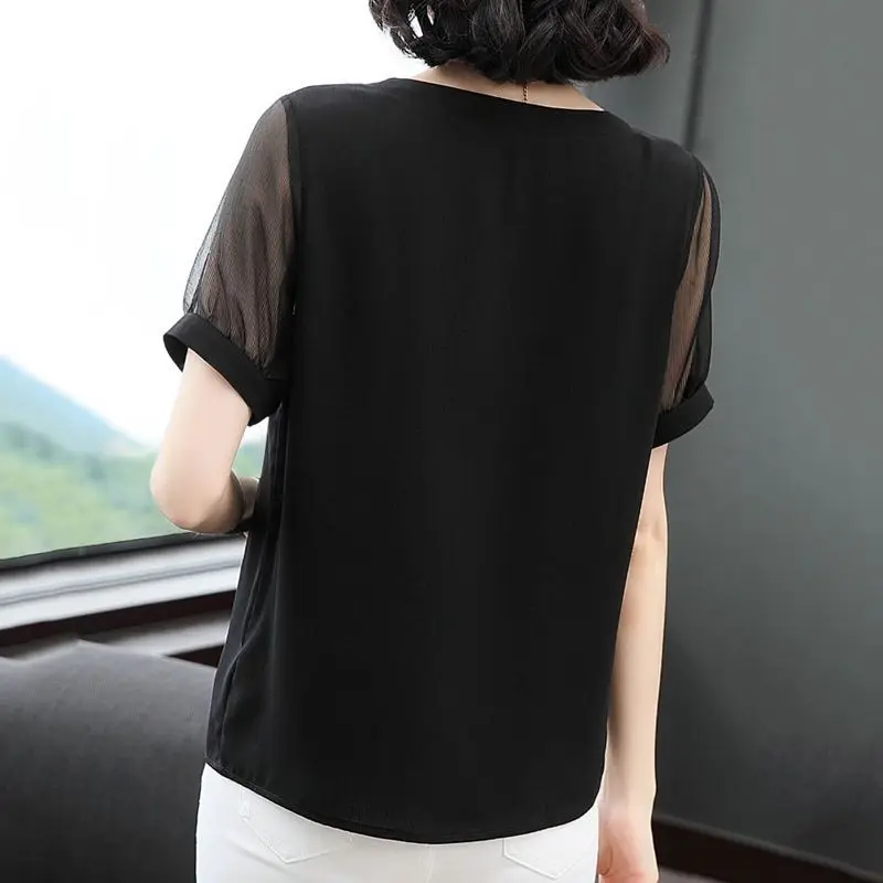 New Summer Women\'s Solid O-Neck Short Sleeve Loose Plus Size Classic Blouse Patch Lace Fashion Casual All Match Commute Tops