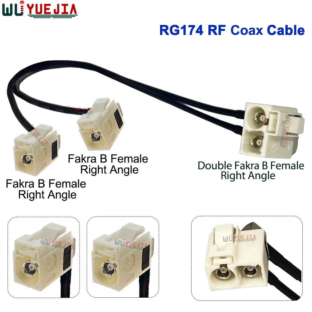 RG-174 التوأم الأبيض فقرا B أنثى الزاوية اليمنى إلى فقرا B ذكر التوصيل و Fakra B أنثى وصلة مرفاع 50 أوم RF كابل محوري
