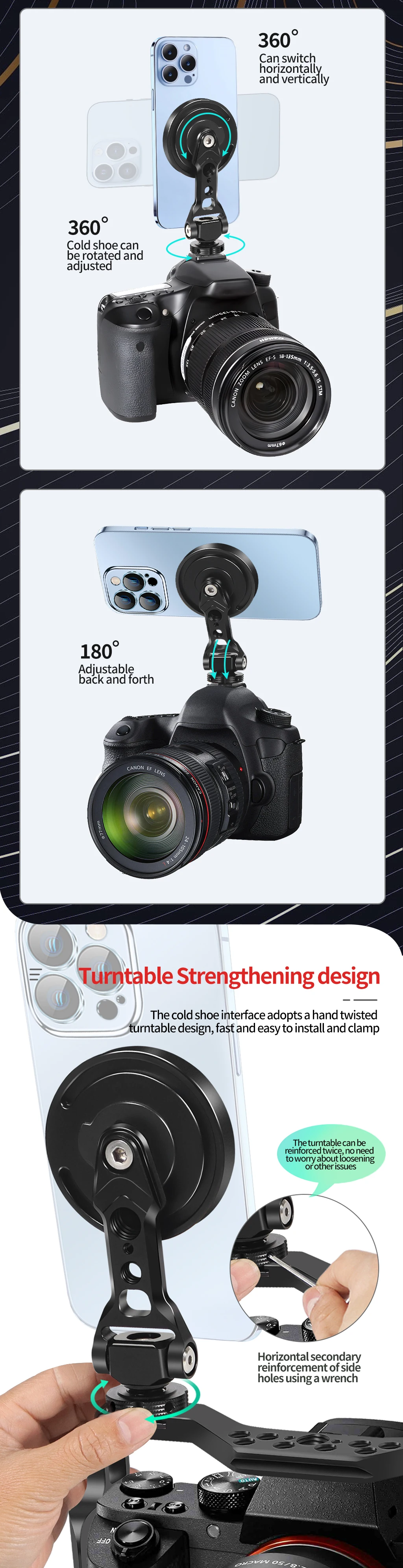 Neue Magnetische 10W Drahtlose Ladegerät Handy Halter Stehen Kugelkopf Tilt 1/4 Kalten Schuh Halterung für iPhone Magsafe magnet Halterung – Detail 1