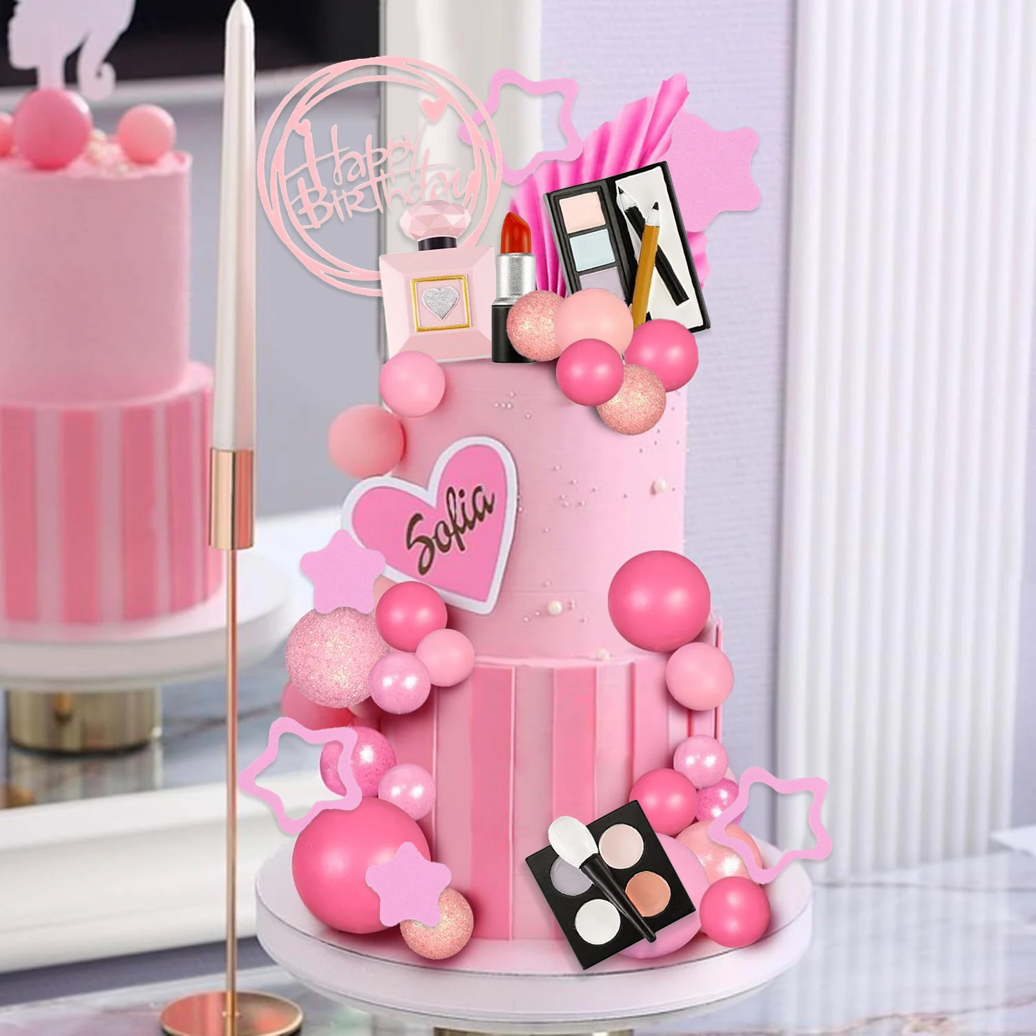 34PCS Makeup Cake Topper Happy Birthday Cake Topper with Lipstick Eye Shadow Makeup Brush for Girls Makeup Birthday Party Decor