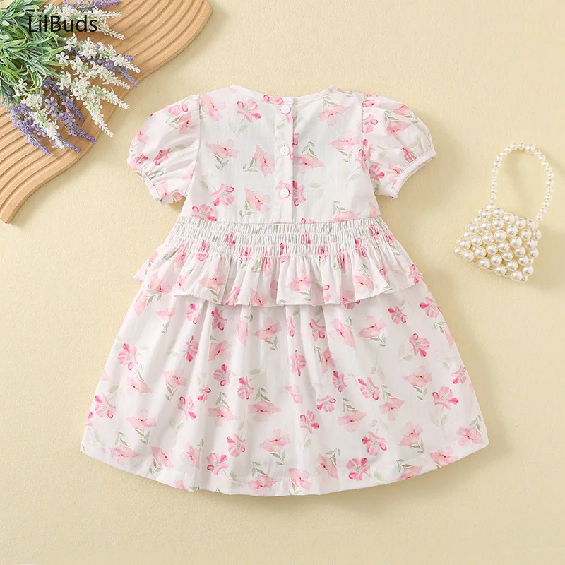 2024 Dress for Baby Girls Thin Breathable Short-Sleeved Kids Cute Pink Broken Cotton Clothes Matching Summer Children's Costume