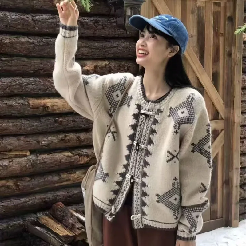 

Жаккардовый вязаный кардиган на пуговицах в стиле ретро, женский модный свободный толстый универсальный свитер, модный