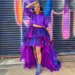 Glossy Purple Tulle Skirt Tiered High Low Tutu  Saias To Birthday Wedding Party  Puffy Long Women Formal Wear Lady Skirts