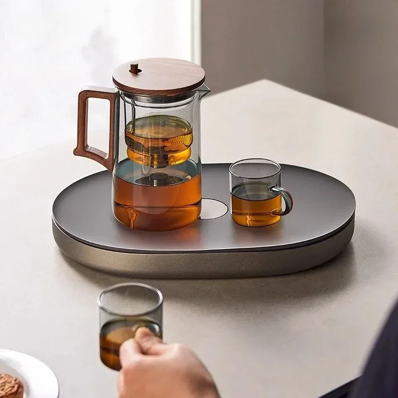

One Click Filtering Glass Tea Pot Tea Water Separation Inner Container Walnut Wood Handle Teapot With Infuser Filter