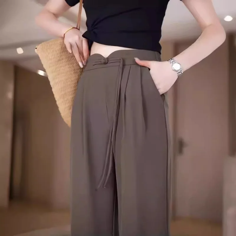 

New Chinese Ice Silk Draped Casual Pants Women's High Waist Straight Suit Pants Thin Narrow Version Wide-Leg Pants