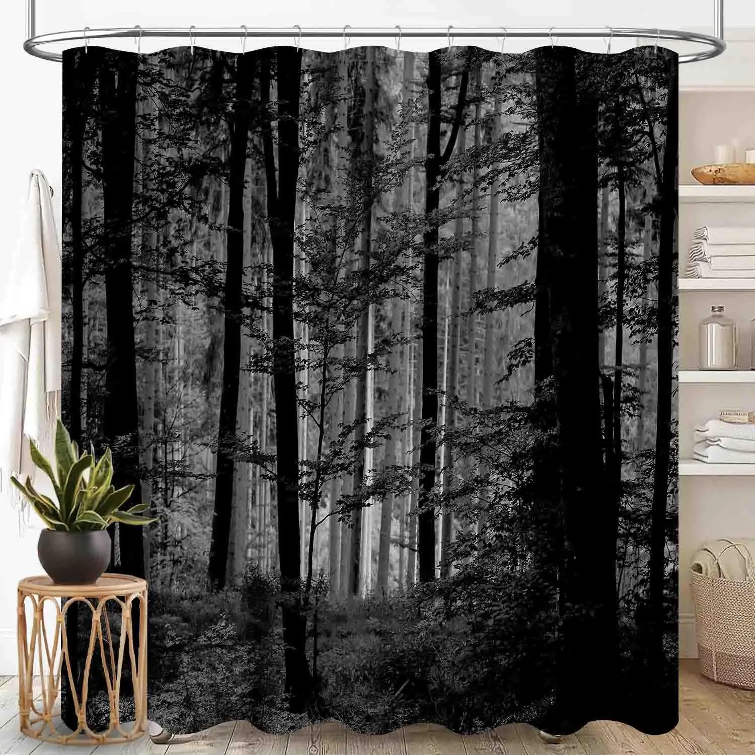Forest Shower Curtains, Gothic Misty Foggy Jungle Nature Forest Mountain Landscape Scenery Woodland Goth Dark BlackWaterproof