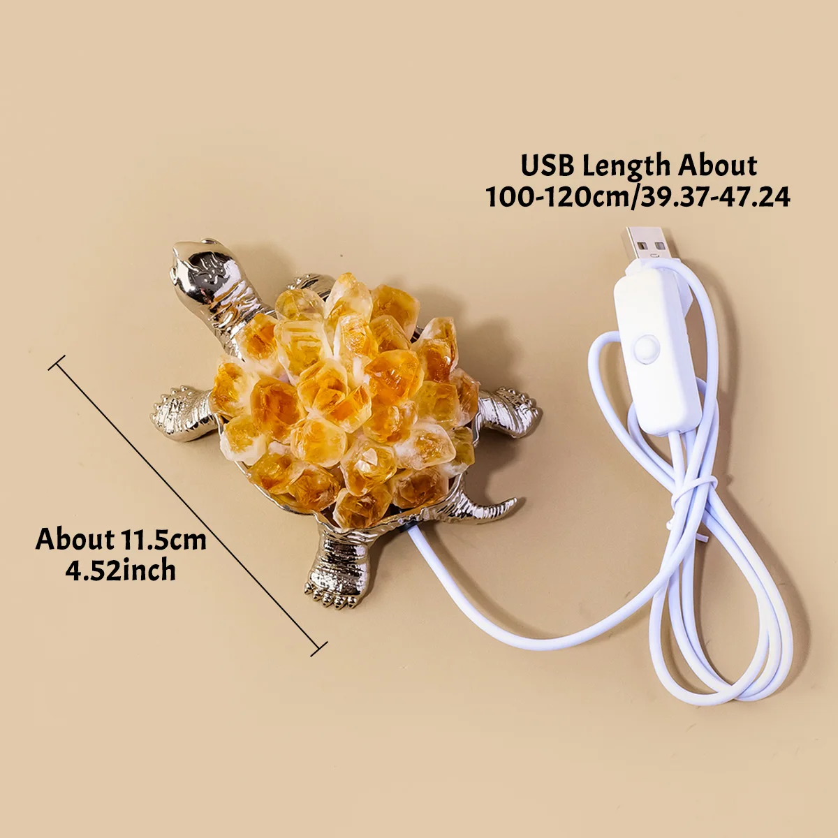 1PC Natural Crystal Animal Figurine, Tortoise Turtle Lamp with Citrine & Amethyst Cluster, Handmade Ornament for Home Decoration