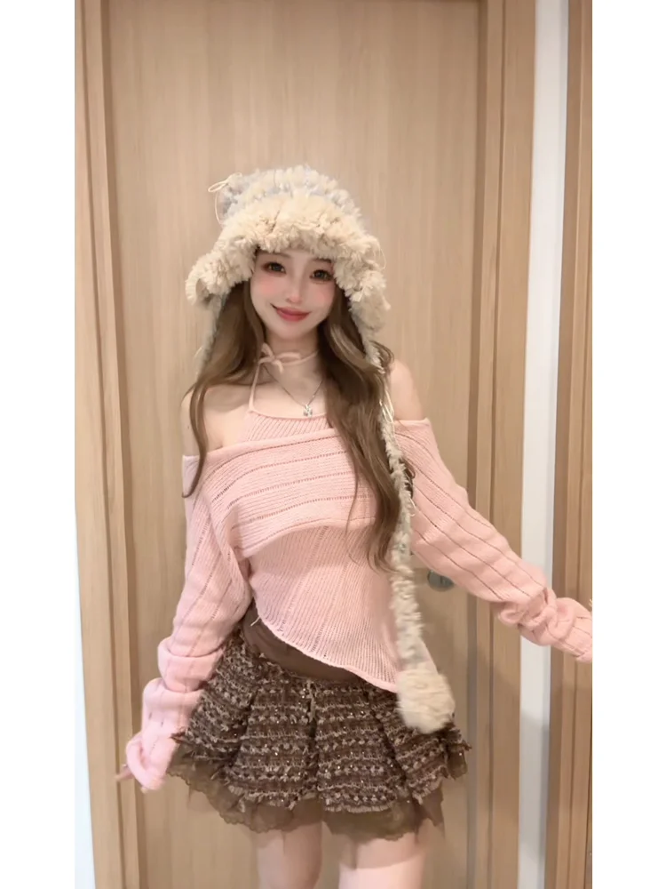 

Autumn Winter Women's Pink Knitted Sweater True Two-Piece Versatile Sli Sweet Design Sense Faionable Ladies' Knitwear