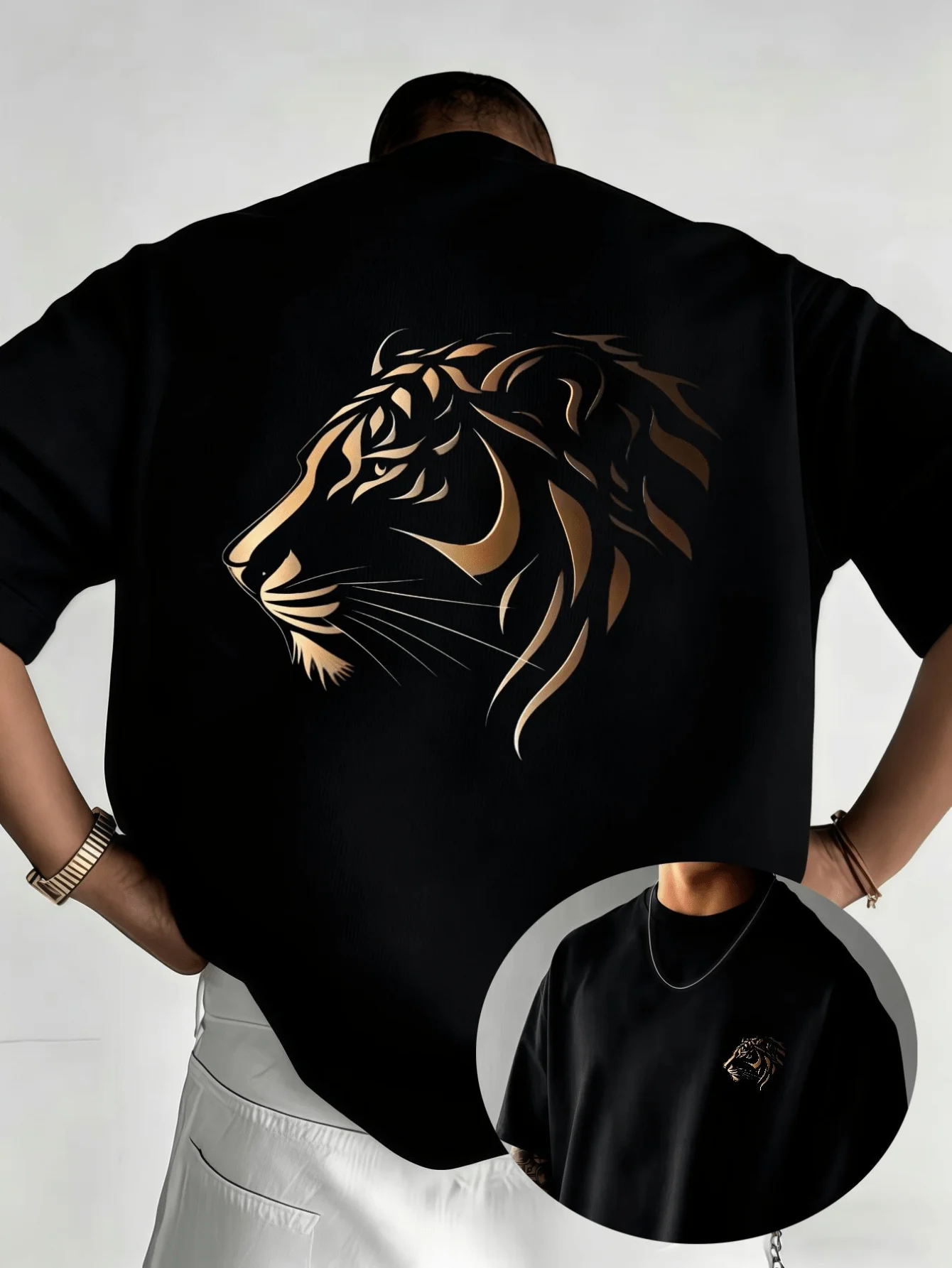 2026 Parent‑Child Matching T‑Shirt Stylized Golden Tiger Head Back‑Print Tiny Chest Emblem Family Matching Short Sleeve Tops Tee