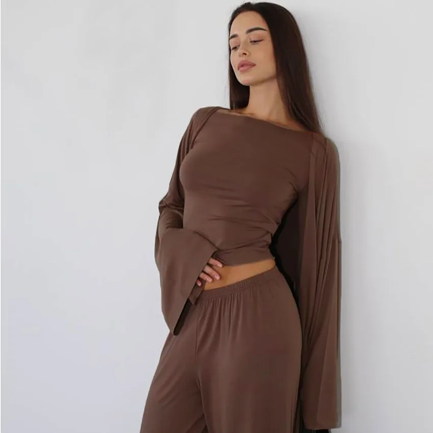 Women Fashion Lounge Set Vintage 3 Piece Outfit Spring Autumn O Neck Waist Tie T-shirt+Elastic Waist Pants Long Sleeve Crop Tops