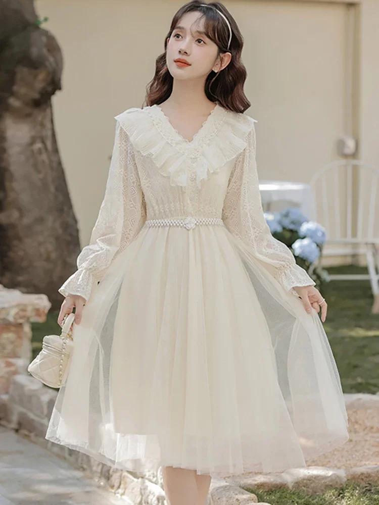 Vestido elegante de verano con cuentas, vestido de fiesta Vintage coreano 2025, vestido largo de lujo con gancho de retazos de malla blanca y flores para mujer