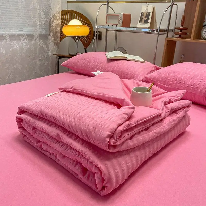 

Washable Cotton Bubble Fabric Summer Cool Air Conditioner Quilt Four-Piece Set Thin Machine Washable Summer Quilt Core Pink