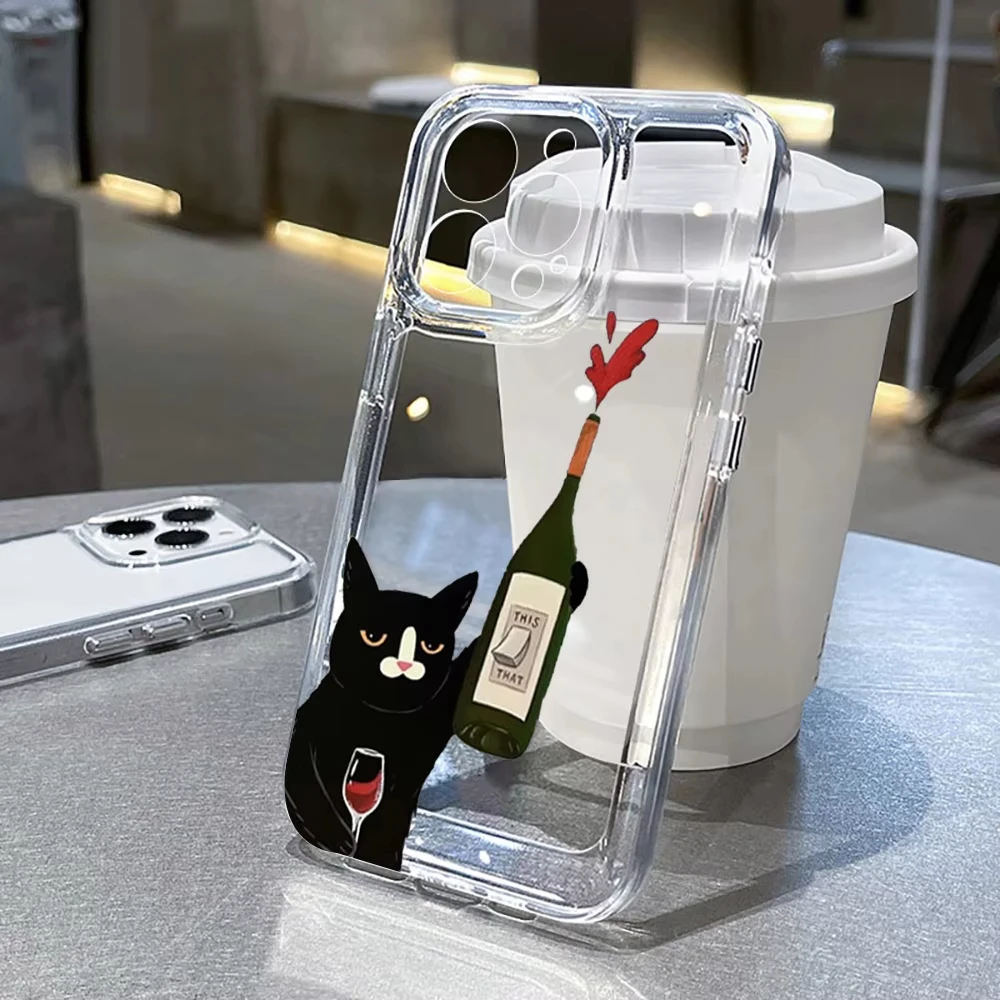 17AIR gato negro degustación vino funda de teléfono para iPhone 14 15 16 Plus Pro 11 12 13 Pro Max XR XS 7 8 Plus 16E transparente suave