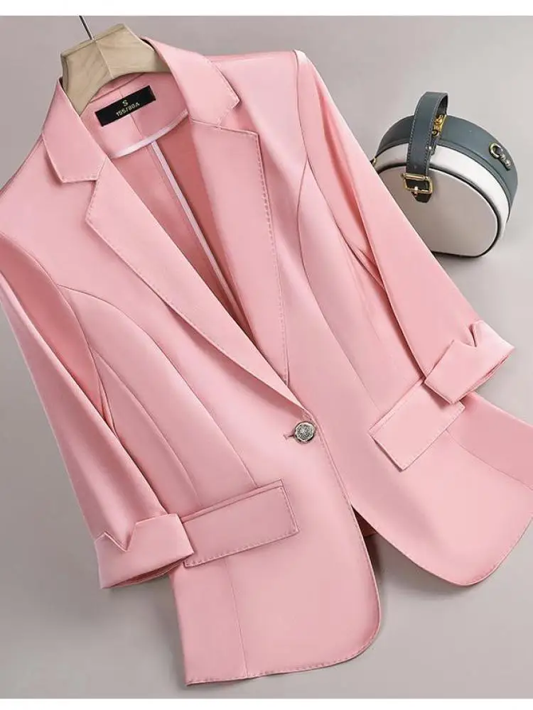 

Spring Autumn Fashion Solid Seven Quarter Sleeve Single Button Plus Size Blazer Coat Women Temperament Workwear Tops Streetwear