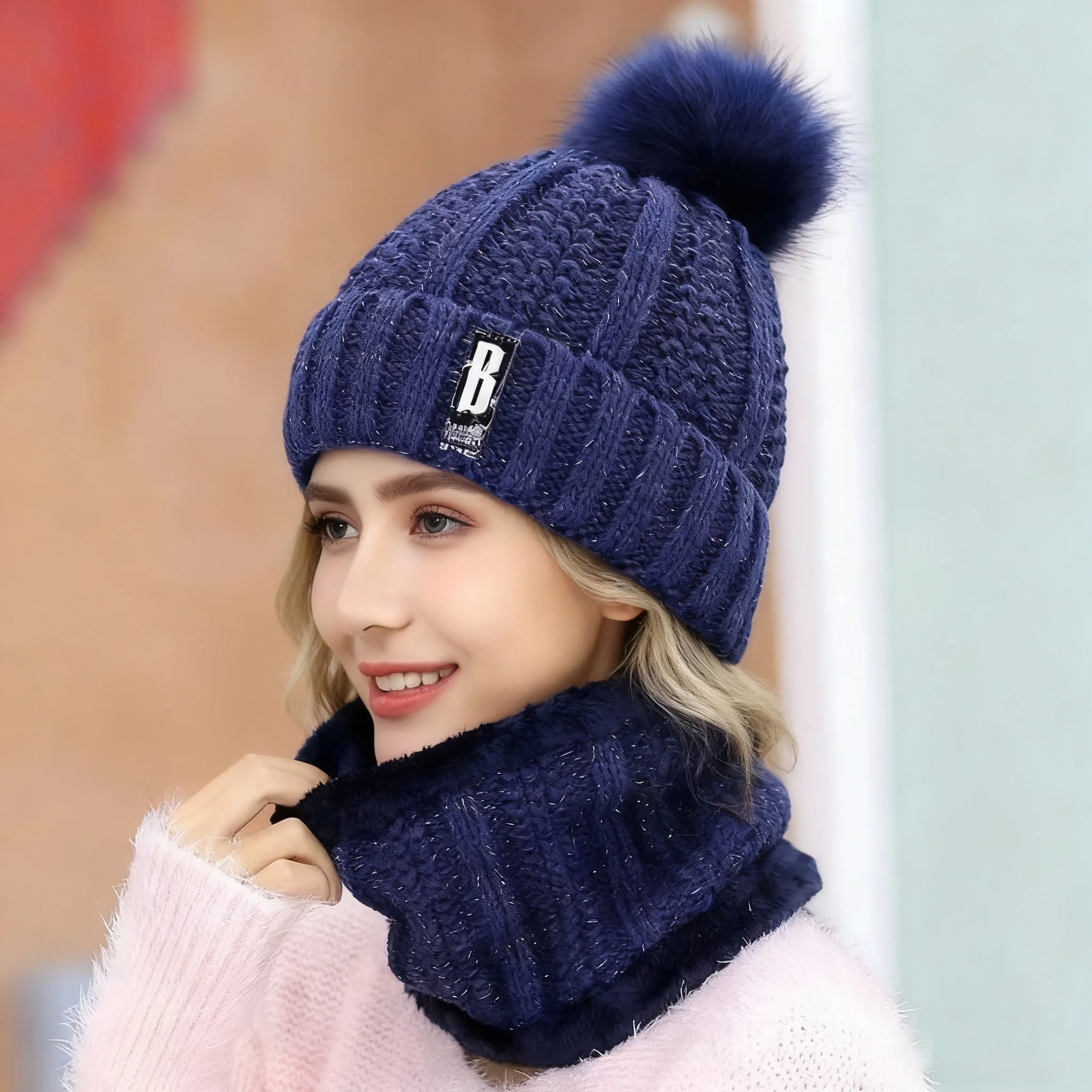 Conjunto de gorro e bufanda de punto grueso para mujer, lana de invierno, cálido