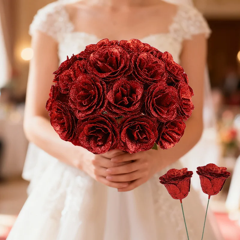 

10Pcs Glitter Red Rose Artificial Flowers Bouquet for Wedding Valentine's Day Decoration Baby Shower Party Home Garden DIY Decor