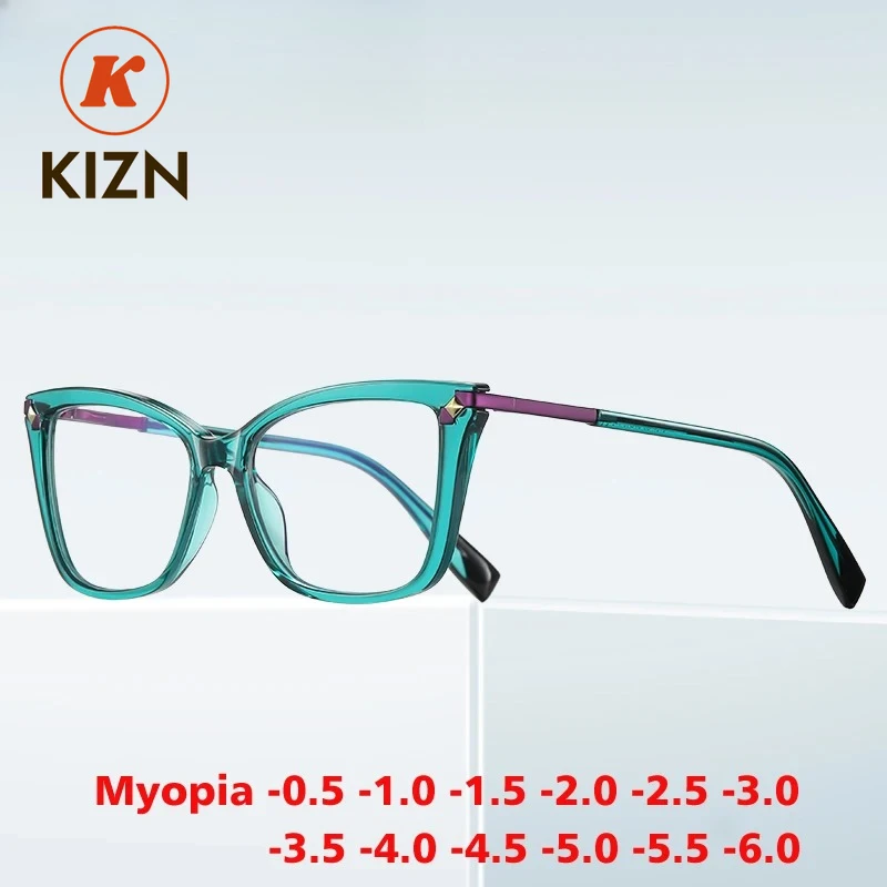 KIZN موضة عين القطة قصر النظر النظارات الطبية النساء مكافحة الضوء الأزرق البصرية تلون النظارات الإطار -0.50 إلى -10
