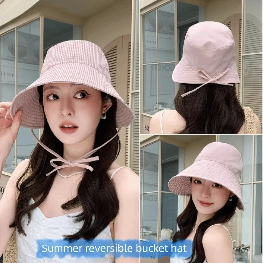 

Vintage Wide Brim Sun Hat Double-Sided Lace-up Bucket Cap Cotton Beach Hat Women