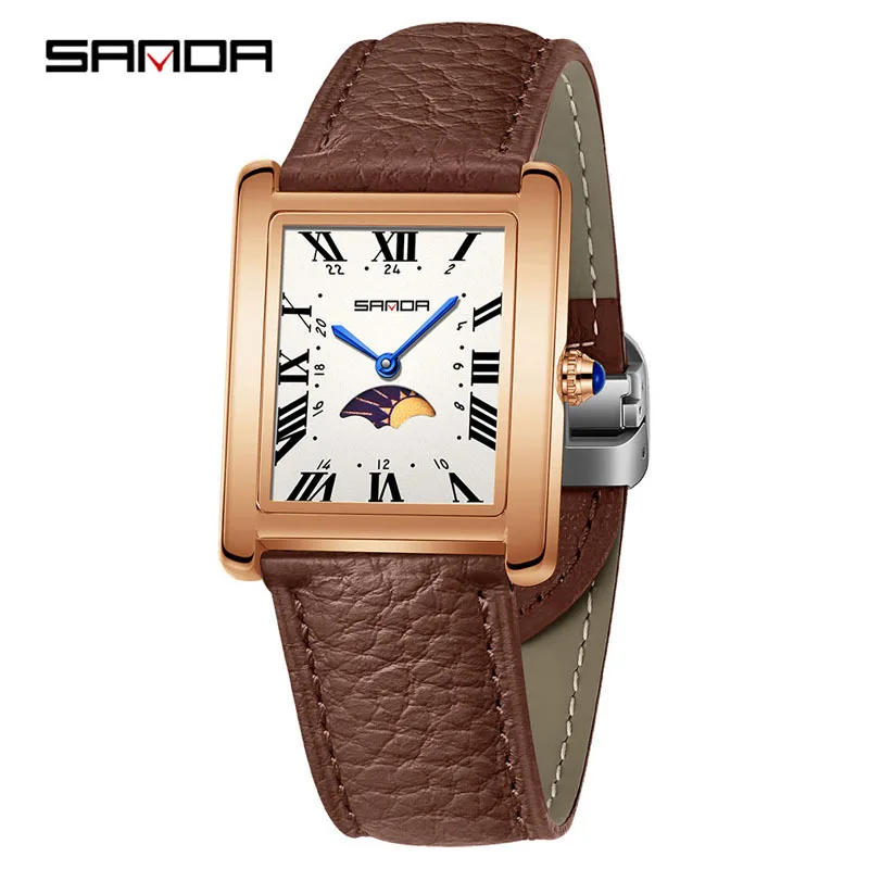 

Женские часы с фазами Луны, классический квадратный стиль, римские цифры, водонепроницаемость 30 м, тонкие, винтажные, кварцевые, аналоговые