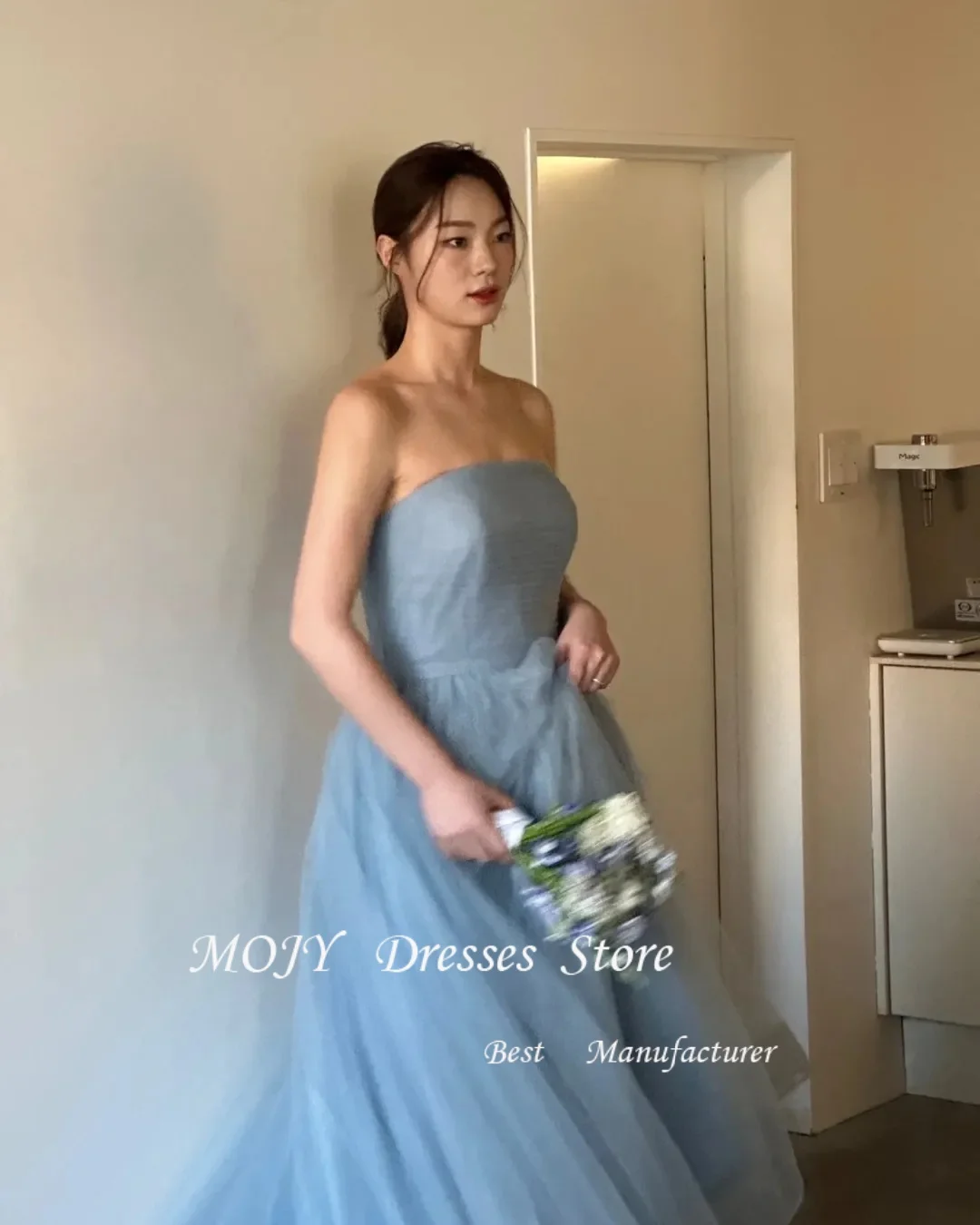 Mojy Simple Soft Tulle Korea Princess Prom Dresses Strapless Lace Up Evening Gowns Wedding Photo shoot Floor Length Customized