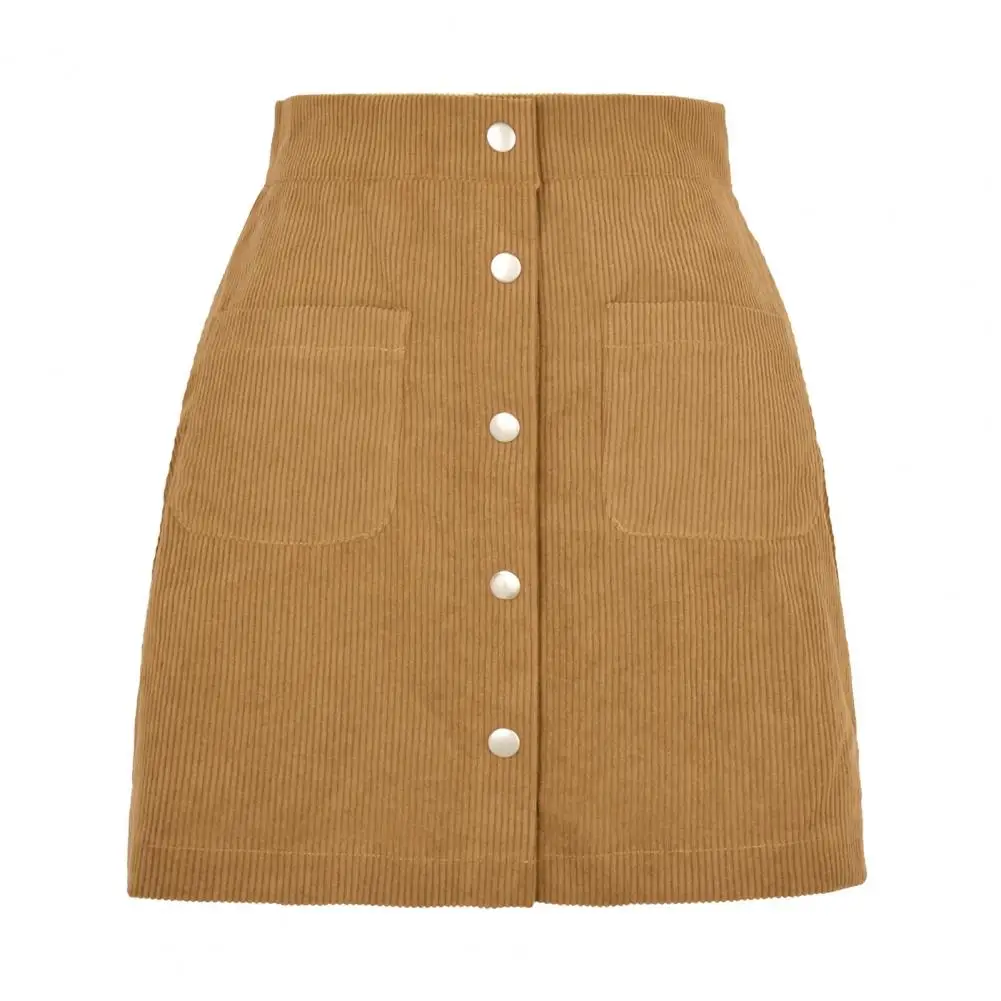 Corduroy Material Mini Skirt Women Button Closure Hip Wrap Single-breasted Slim Above Knee Solid Color Skirt Streetwear