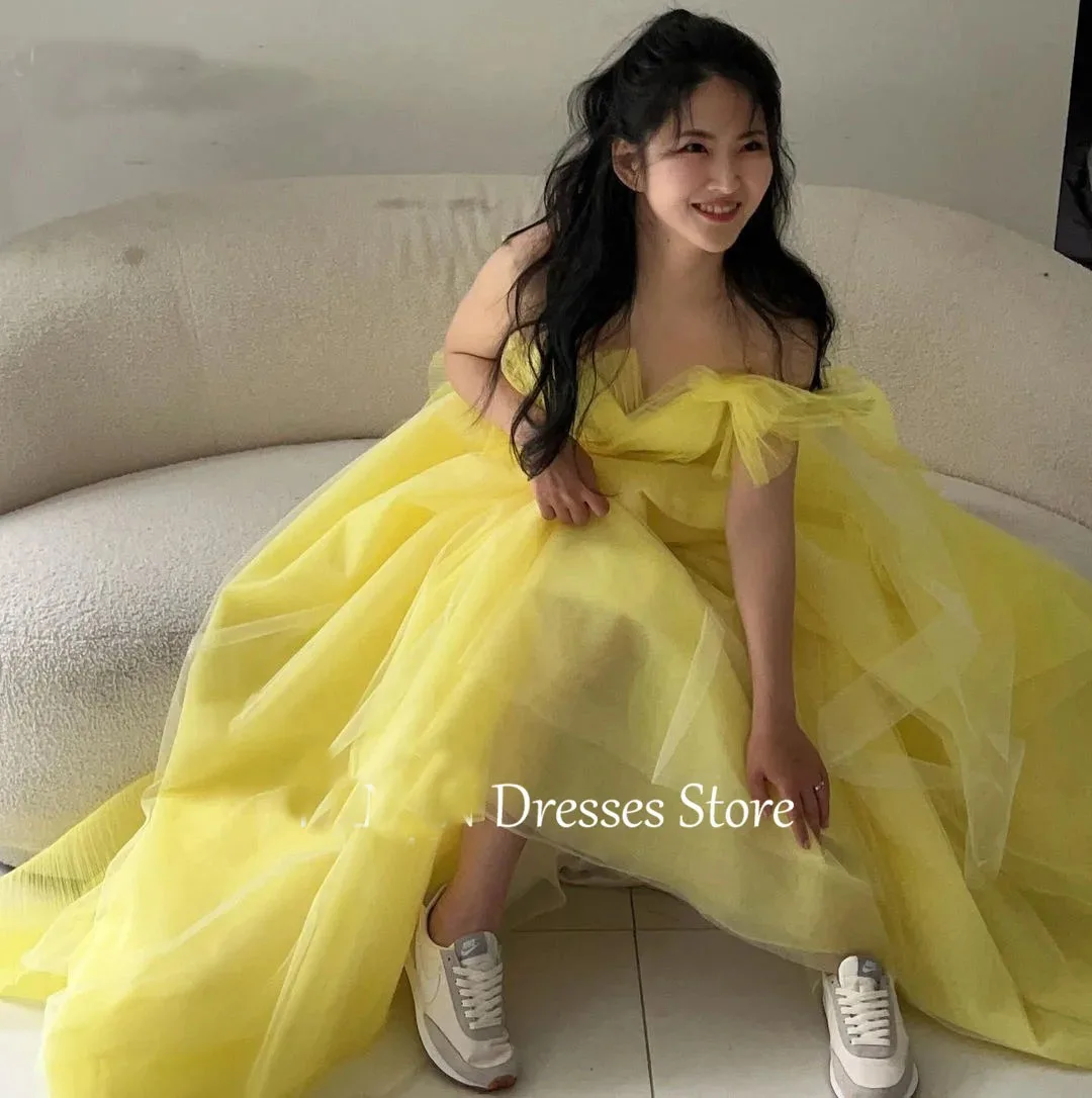 

OLOEY A-Line Short Sleeves Yellow Corset Evening Party Dresses Korea Photo shoot Tulle Wedding Wedding Gowns Event Prom Gowns