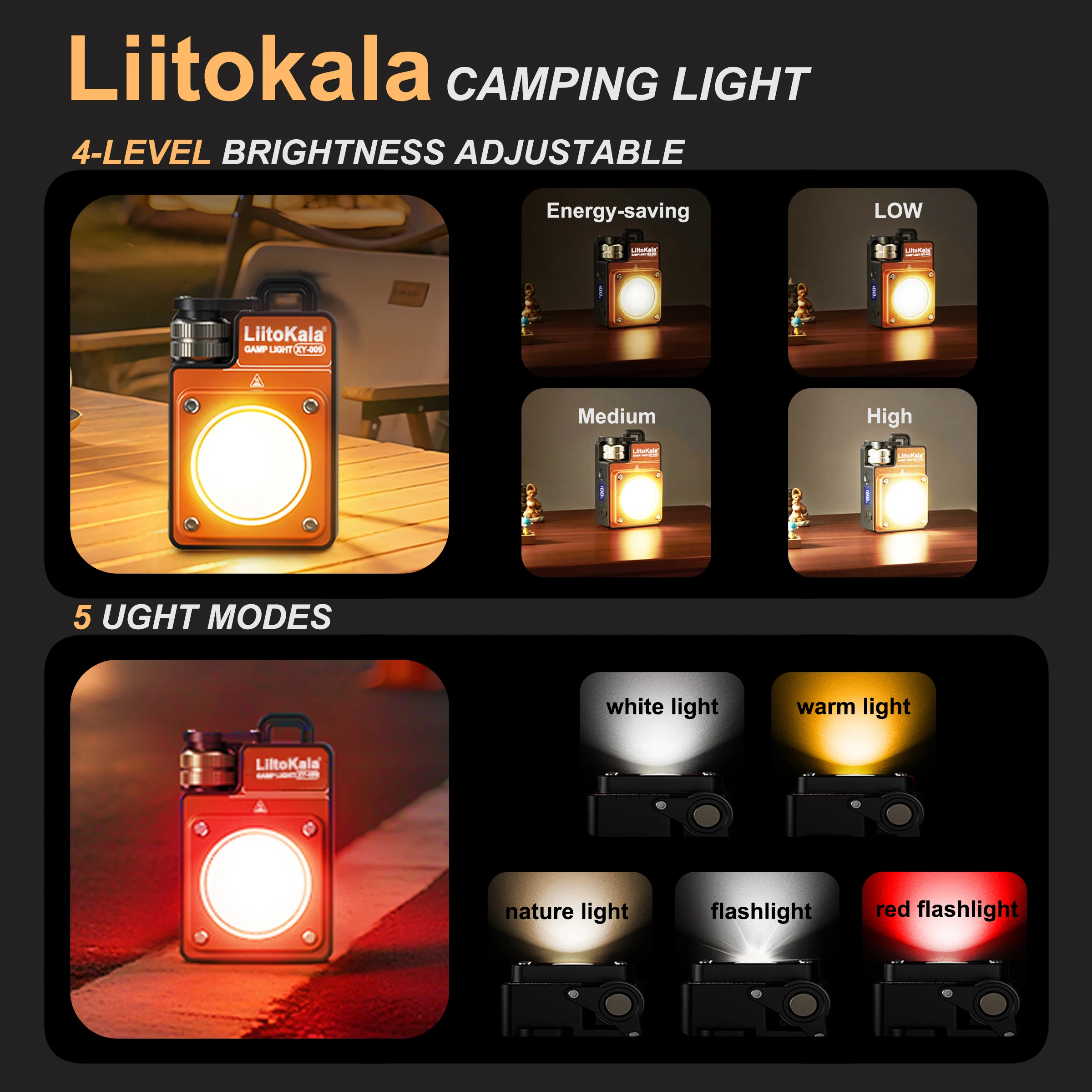 LiitoKala XY-009 ضوء التخييم LED المحمول القابل لإعادة الشحن متعدد الوظائف للأنشطة الخارجية وعمر طويل