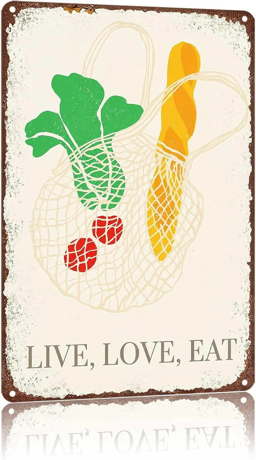 Metal Sign Live Love Eat String Grocery Bag With Vegetables Wall Decor | Classic  ,Retro,Waterproof Aluminum,Funny,UV-printing,E