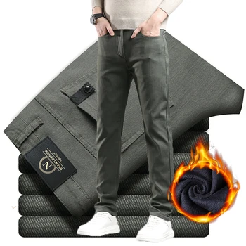 Winter New 2025 Fleece Pants Men's Thick Slim Elastic Business Casual Velvet Pants Warm Fashion Solid Color Plush Trousers Male