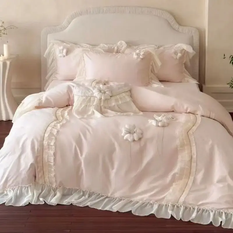 Three-dimensional Flowers Lace Ruffles Wedding Bedding Set 1000TC Egyptian Cotton Duvet Cover Flat/Fitted Sheet Pillowcases 4Pcs