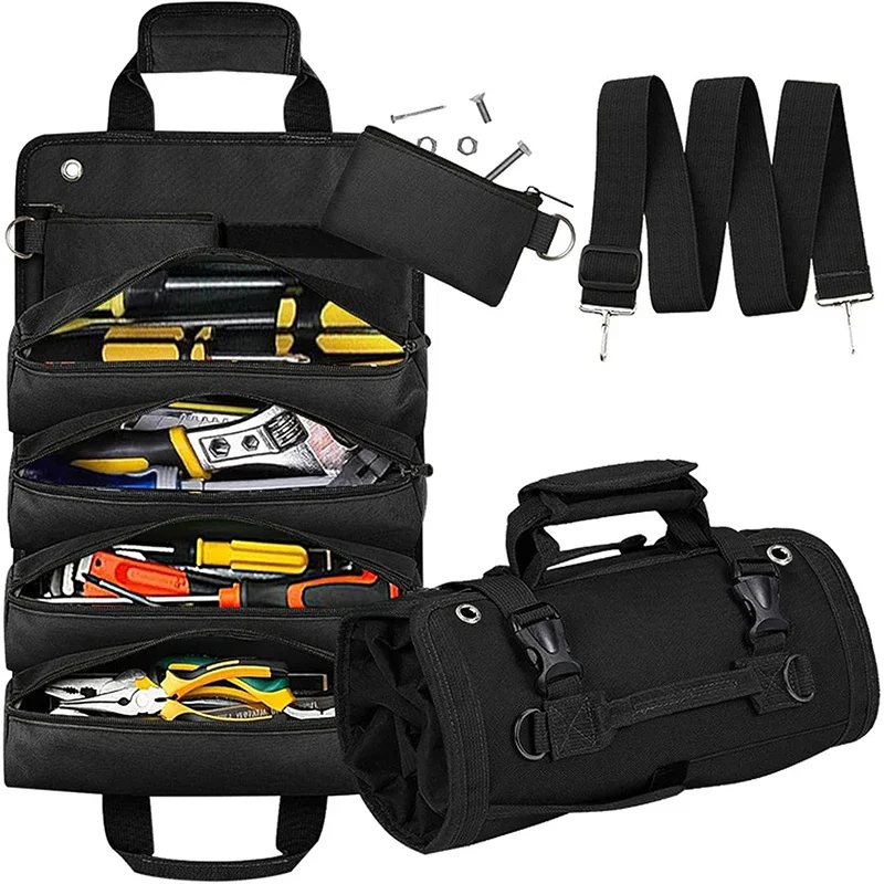 Roll Up Tool Bag Heavy Duty Tool Organizer With 2 Detachable Pouches Durable Tool Storage For Men Women Husband Handyman RV Owne