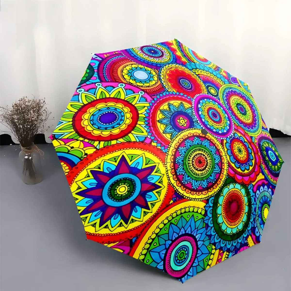 

Автоматический складной зонт с красочным дизайном мандалы - портативный, складной, прочный, с 8 спицами, ярким разноцветным узором.