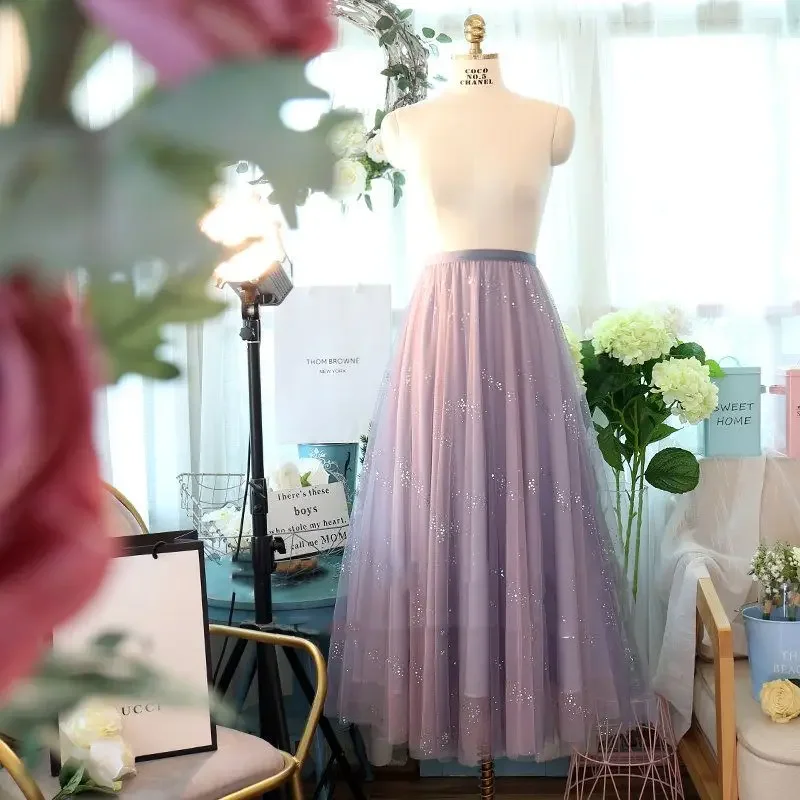 ใหม่แฟชั่นเลื่อมกระโปรงผู้หญิงฤดูร้อนเอวยางยืดGradientจีบกระโปรงElegantสายTulleกระโปรงยาวVINTAGE Jupe